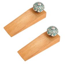 2 Pieces Sea Green Flower Ceramic Wooden Door Stopper